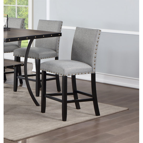 Lark Manor Dining Room Furniture Natural Wooden Round Dining Table 4X High Chairs Gray Fabric ...